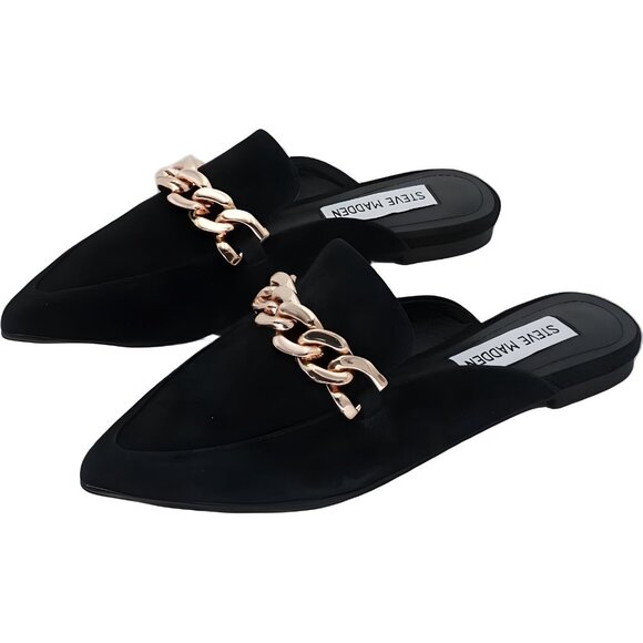 Steve Madden Almah Black Pointy Toe Chain Slip On Mules Women Size 4 - Picture 2 of 6